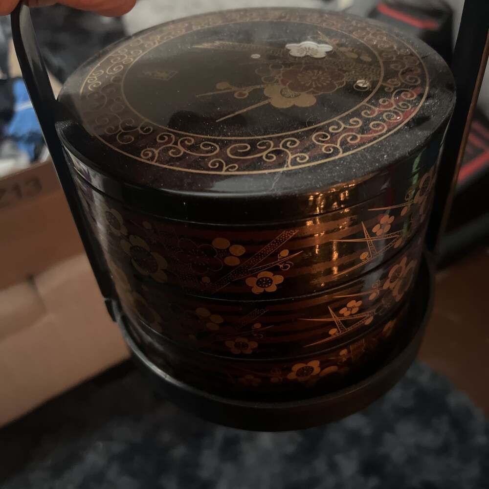 Vintage Chinese Black Lacquer Wedding Basket, 3-Tier Stacking Box